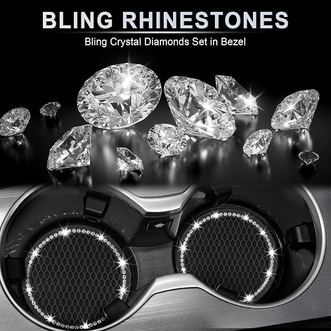 JUSTTOP Bling Cup Holder Coasters for Car,4PCS Universal Non-Slip Cup Holder,Rhinestone Decorative Coasters,Crystal Car Interior Accessories for Women(Black)