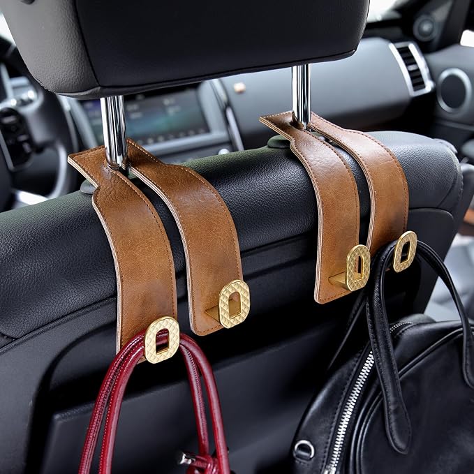 Car Headrest Hooks Universal Car Purse Hook Premium Leather and Alloy Twin Hook Car Seat Back Storage Hanger Hook for Purse Bags Cloth Drink Durable Holder Car Accessories (BH09-Brown-Gold-4 Pcs)