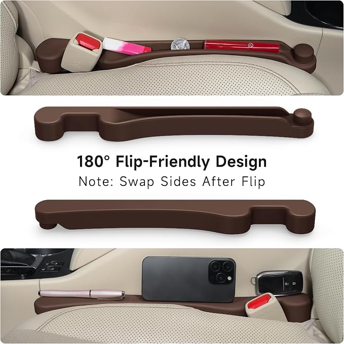 Car Seat Gap Filler Set of 2, 3IN1 Seat Side Gap Filler Plug with Storage Slot & Hook Function, Soft Foam Universal Fit Car SUV Truck Fill Gap Between Seats Console Organizer（Narrow Dark brown）