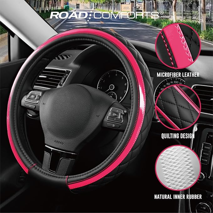 Road Comforts Leather Steering Wheel Cover – Black & Hot Pink, Universal Fit 14.5-15 Inch, Microfiber Leather, Anti-Slip & Breathable Design for Men and Women