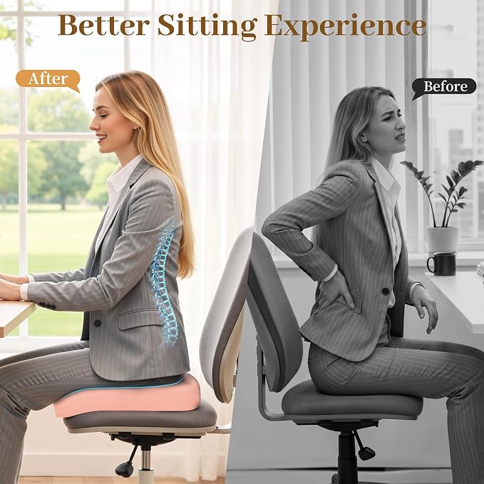 TranquilRelax Large Seat Cushion, Memory Foam Cushion for Long Sitting Hours on Office Chair, Home & Car, Non-Slip Chair Pad for Relieving Back & Sciatica & Hip & Coccyx Pain (Pink)