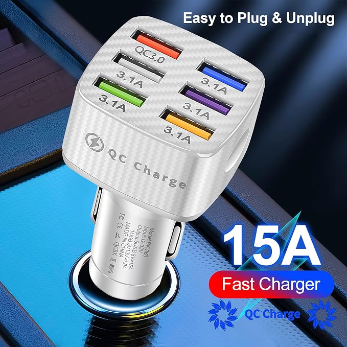 Amiss Car Charger Adapter, 6 USB Multi Port, Fast Charger, Include QC 3.0 and 5 Other Ports, Car Interior Accessories, Fit for iPhone 17/16/15/14/13Pro Max, Samsung, Android (White 2pcs)
