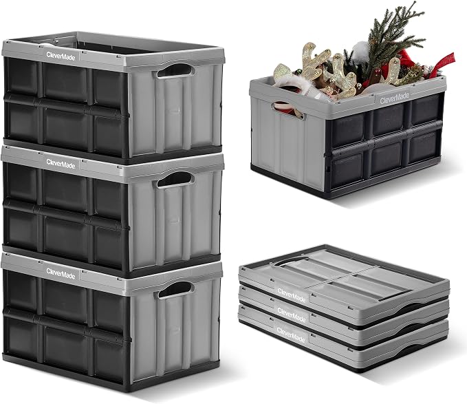CleverMade Collapsible Plastic Storage Bins, 46L 3 Pack, Stacking, Stone | Built-in handles simplify garage, car and household organization, while the roomy open-top keeps bulky supplies accessible