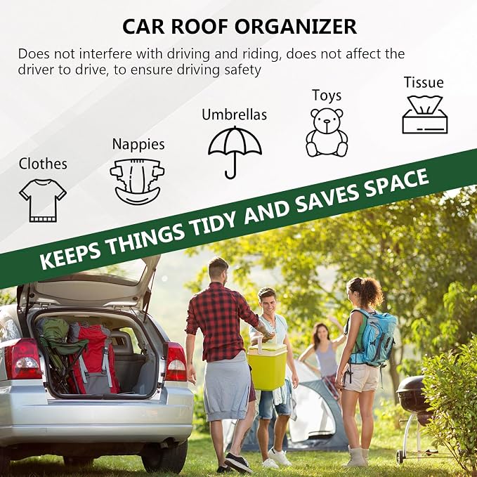 Car Ceiling Cargo Net Double Layer Mesh Organizer | 35.43"x25.59" Auto Roof Storage with Reinforced Buckle Fastener, Universal Camping Essentials for Cars, Vans, SUVs