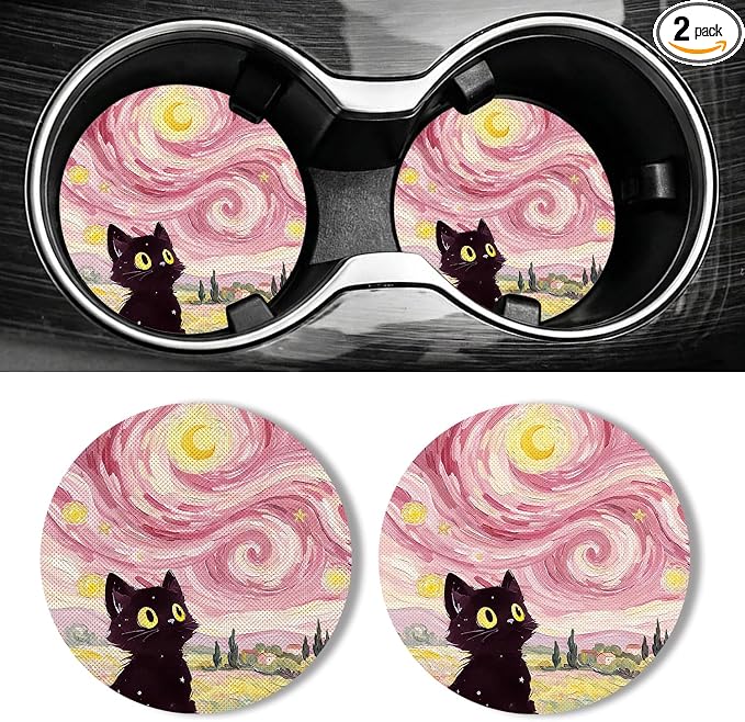 WOCOCN Car Coasters for Cup Holders - 2 Pack 2.75" Universal Rubber Car Cup Coaster, Non-Slip Waterproof Car Interior Accessories, Cute Car Decor Gifts for Women and Men (Pink Starry Sky Cat)