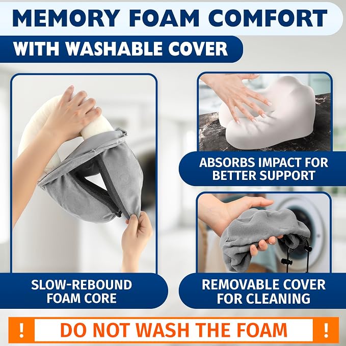 100% Memory Foam Plane Neck Pillow for Long Flights with Adjustable Button Closure – 4-in-1 Set with 3D Eye Mask, Earplugs & Washable Cotton Cover – Airplane Pillow Neck Support for Car & Train (Gray)