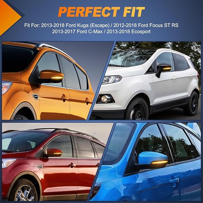 Nilight Side Mirror Marker Light Sequential Amber Left Right Turn Signal Lights Smoked Lens Plug and Play Compatible With 2012-2018 Ford Focus ST RS 2013-2018 Kuga Ecosport