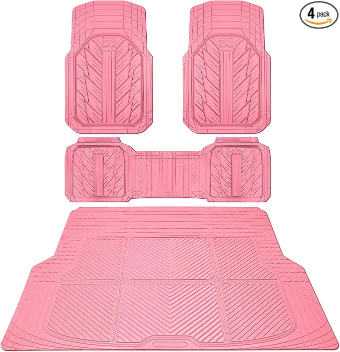 CAR PASS Floor Mats for Cars M-L Size, Heavy Duty Rubber Floor Mats with Trunk Cargo Liner, Universal Trim-to Fit Automotive Floor mats for Truck Van SUV Waterproof All Weather Car Mats All Pink