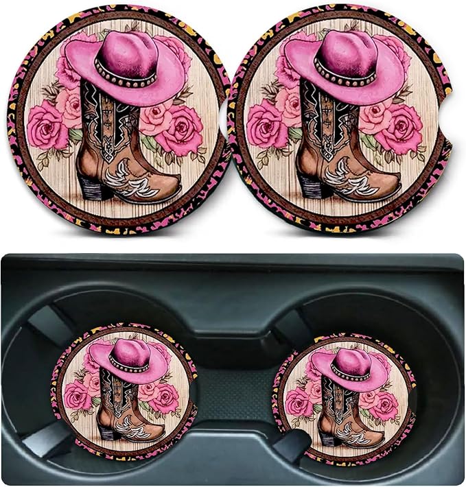 2 PCS Cowgirl Hat Boots Car Cup Holder Coasters Universal Neoprene Coasters | 2.75" Universal Size Anti Slip Rubber Mat,Auto Cup Holder Accessories for SUV Truck, Western Cowboy Gifts for Women Men Mom