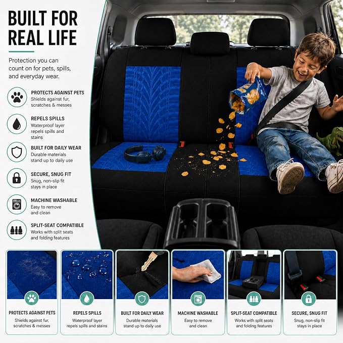 FH Group Full Set Travel Master Car Seat Covers, Airbag and Split Rear Car Seat Cover Universal Fit Interior Accessories for Cars Trucks SUV, Automotive Seat Covers, Blue