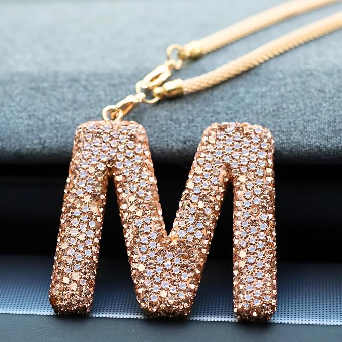 Bling Car Accessories for Women Letter Charm, Rainbow Crystal Rearview Mirror Pendant, Cute Diamond Rhinestone Car Decor, Lucky Gift for Women(M, Champagne Gold)