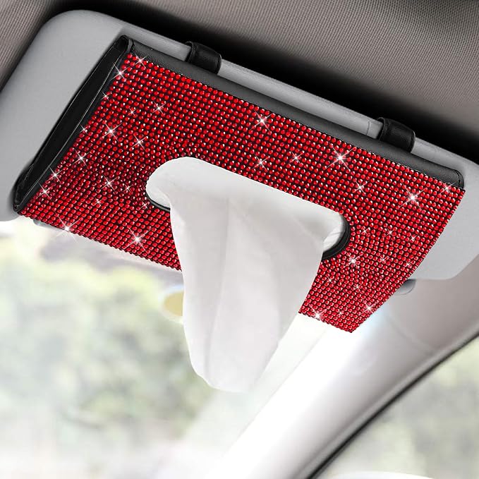 Bling Car Sun Visor Tissue Box Holder, Visor Accessories, Rhinestone PU Leather Crystal Sparkling Napkin Holder, Auto Sun Visor Paper Towel Cover Case Accessories for Most Cars (Red)