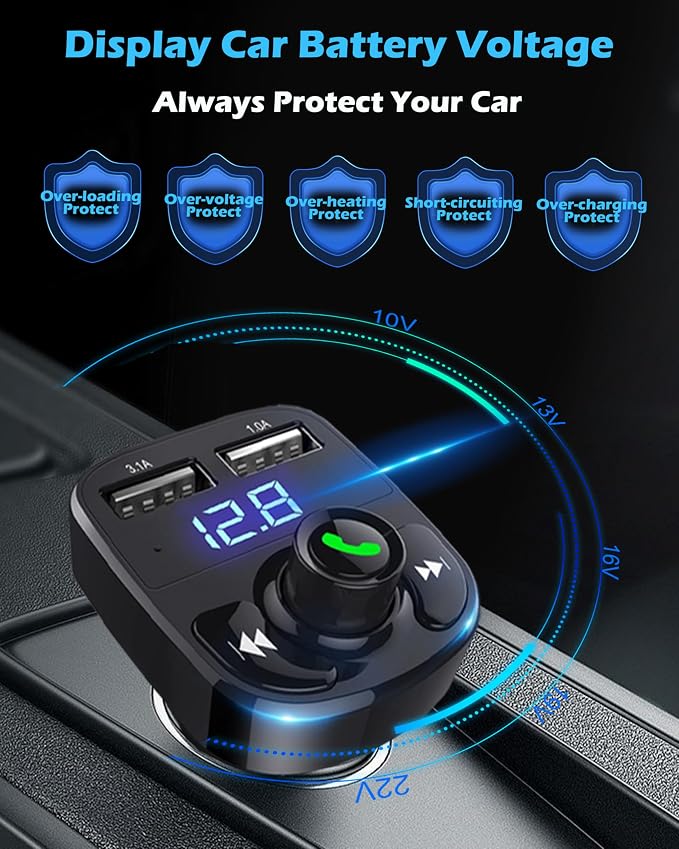 LIHAN Handsfree Calling Car Charger,Wireless Bluetooth 5.3 FM Transmitter Radio Receiver,MP3 Audio Music Adapter,Dual USB Ports,Compatible for iPhone Samsung Smartphones,Spotify & GPS Navigation