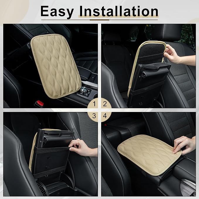 Amiss Car Center Console Cover, Upgraded Leather Car Armrest Cushion, Universal Waterproof Cushion Pad, Non-Slip Car Interior Accessories, Fits Most Sedans SUVs Trucks (Beige)