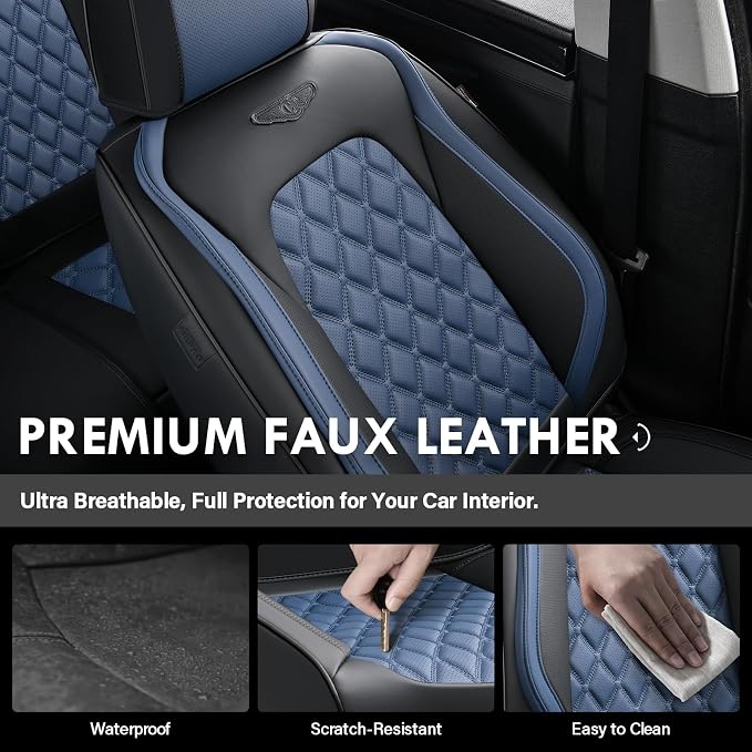 Coverado Car Seat Covers Front Seats, Sporty Non-Slip Waterproof Faux Leather Full Set with Rear Protectors for Trucks SUVs, Mens Automotive Interior – BlackBlue