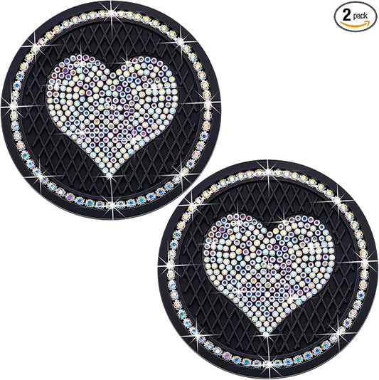2PCS Sparkling Car Cup Holder Coaster – 2.75 Inch Silicone Insert – Non-Slip, Shockproof – Universal Auto Interior Accessories for Women Girls (Black & Colorful)