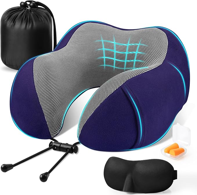 CloudBliss Travel Pillow for Airplane, Memory Foam Neck Pillow for Traveling, Flight Pillow with Eye Mask, Earplugs, Storage Bag, Compact Neck Pillow for Long Flight Travel, Travel Essentials, Navy