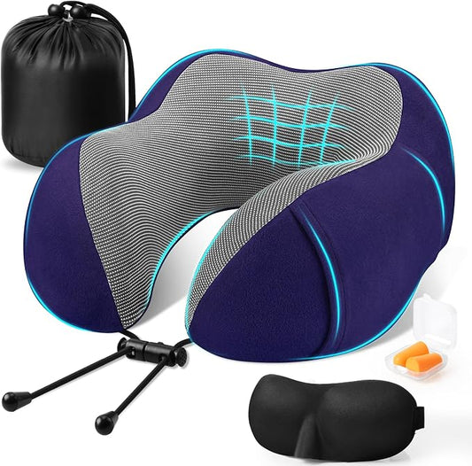 CloudBliss Travel Pillow for Airplane, Memory Foam Neck Pillow for Traveling, Flight Pillow with Eye Mask, Earplugs, Storage Bag, Compact Neck Pillow for Long Flight Travel, Travel Essentials, Navy