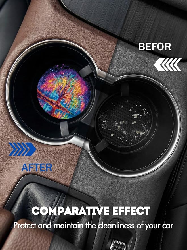 WOCOCN Car Coasters for Cup Holders - 2 Pack 2.75" Universal Rubber Car Cup Coaster, Non-Slip Waterproof Car Interior Accessories, Cute Car Decor Gifts for Women and Men (Colorful Tree)