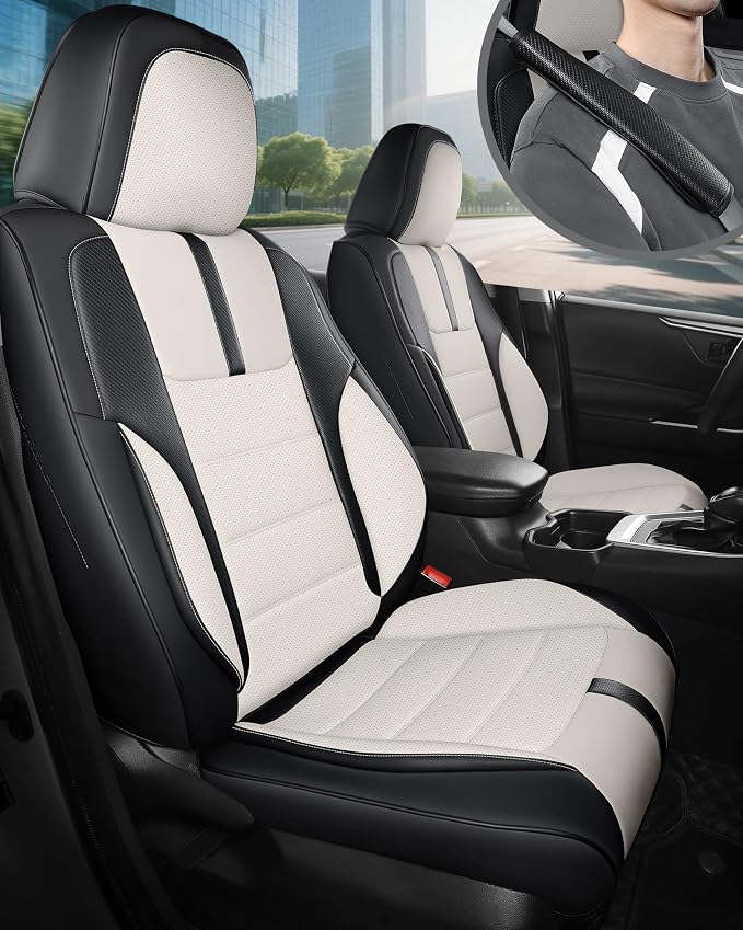 FREESOO Universal Full Seat Covers, Waterproof Faux Leather Automotive Seat Covers with Carbon Fiber Texture Seat Belt Pads, Anti-Slip Airbag Compatible Car Seat Covers for Cars SUVs Trucks