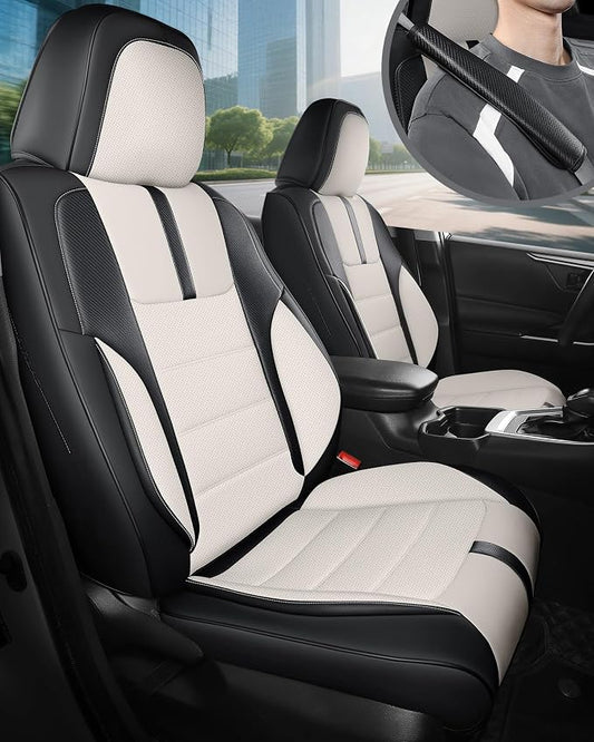 FREESOO Universal Full Seat Covers, Waterproof Faux Leather Automotive Seat Covers with Carbon Fiber Texture Seat Belt Pads, Anti-Slip Airbag Compatible Car Seat Covers for Cars SUVs Trucks