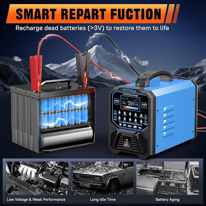 DCACNLE 12V/24V 0-15A Car Battery Charger Heavy Duty,Automatic Maintainer | Smart Trickle Charger,Desulfator with Overcharge Protection & Auto Shutoffs,Suitable for Various Vehicles&Lead Acid Batteries