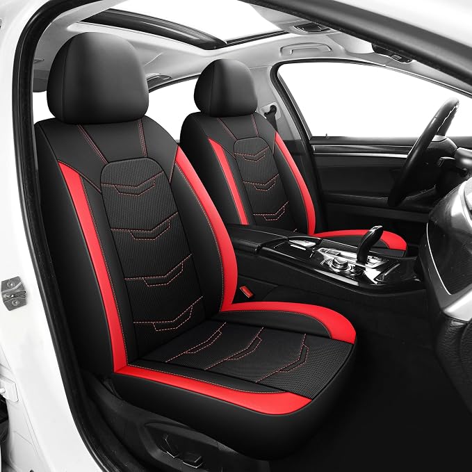 HChengkikz Front Car Seat Cover, Breathable and Sporty (Black + Red) | Leather, Universal Fit for Most SUVs, Cars, Sedans, Trucks, Airbag Compatible, Easy to Install