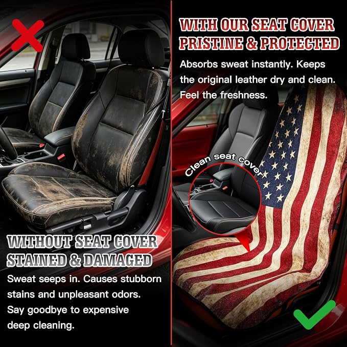 2 Pack American Flag Car Seat Cover Towel, Waterproof Sweat Protector for Gym Post-Workout & Beach, Universal Fit for Sedans SUV Minivan, Machine Washable Non-Slip Bucket Seat Mat