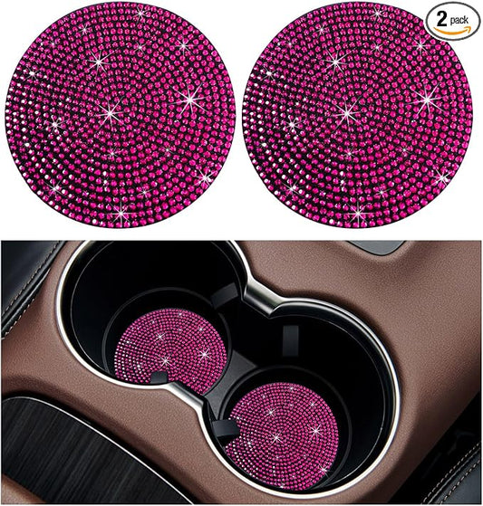 Ziciner 2PCS Bling Car Cup Holder Coaster, 2.73 Inch Anti-Slip Cup Insert Coasters, Crystal Rhinestone Auto Drink Cup Mat, Universal Interior Decor Car Accessories for Women Girls (Rose Red)