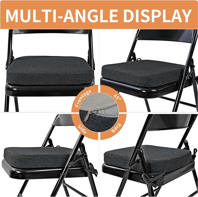 SINOSSO Memory Foam Chair Cushions for Folding Chairs 6 Pack, Thickened 2" Square Pads with Ties for Kitchen Chairs, Indoor Non-Slip Dining Chair Seat Cushions (Set of 6, Black)