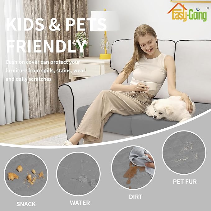 Easy-Going Waterproof Loveseat Cushion Covers, Non-Slip Leakproof Sofa Seat Cushion Slipcovers, Quilted and Stretch Furniture Protector for Dogs, Pets (2-Piece Loveseat Cushion, Grey)