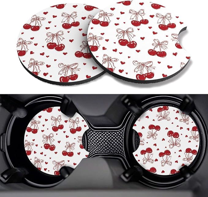 Car Cup Coasters,2 Pack Car Coaster,2.75inch Anti Slip and Absorbent Cars Coasters for Cup Holders,Car Accessories for Women,Cute Decor for Women (Bowknot Cherry)