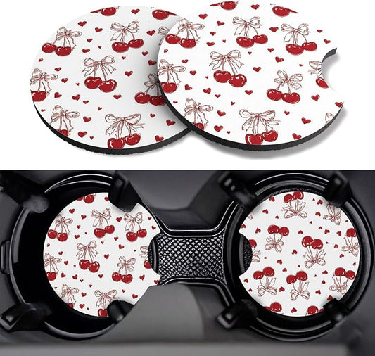 Car Cup Coasters,2 Pack Car Coaster,2.75inch Anti Slip and Absorbent Cars Coasters for Cup Holders,Car Accessories for Women,Cute Decor for Women (Bowknot Cherry)