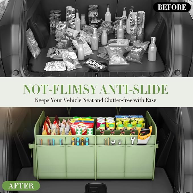 titiyiof Trunk Organizer For Suv & Sedan,Car Organizers and Storage, Waterproof Collapsible & Adjustable Straps,75L Sturdy Car Organization for Car Accessories, Tools,Sundries,2-3Compartment（Green