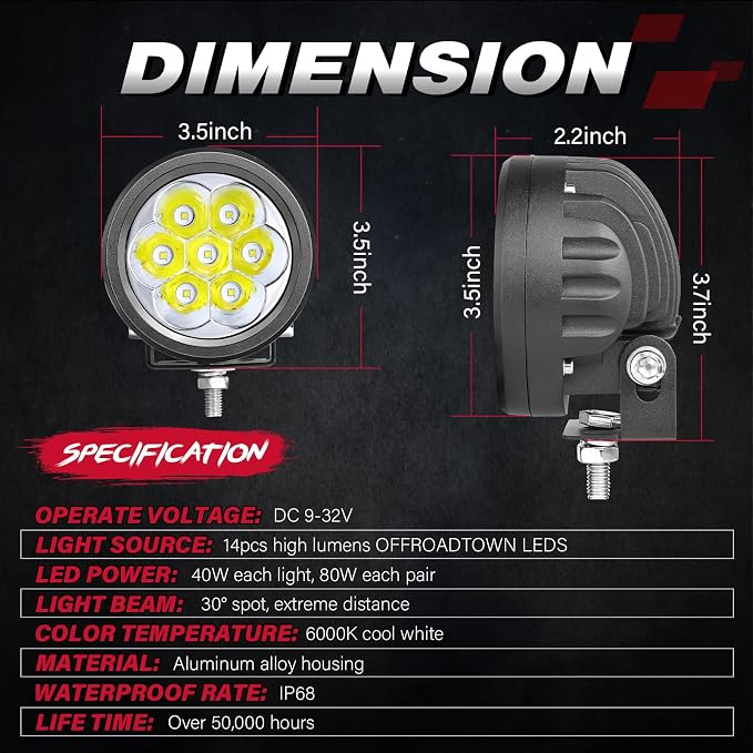 OFFROADTOWN 3.5Inch 80W Round LED Lights 2PCS Offroad Driving Lights LED Pods Light Waterproof Round LED Work Lights for Truck Pickup SUV ATV UTV Boat 4x4 Car Motorcycle