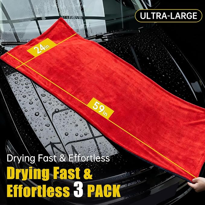 ThinkLearn Car Drying Towel 59"x24" 1300 GSM Ultra Absorbent Microfiber 3PC | Twisted-Loop, Extra Large, Lint Free Surface, Scratch & Streak-Free, Soft On Paint, Machine Washable, for Cars Trucks SUVs