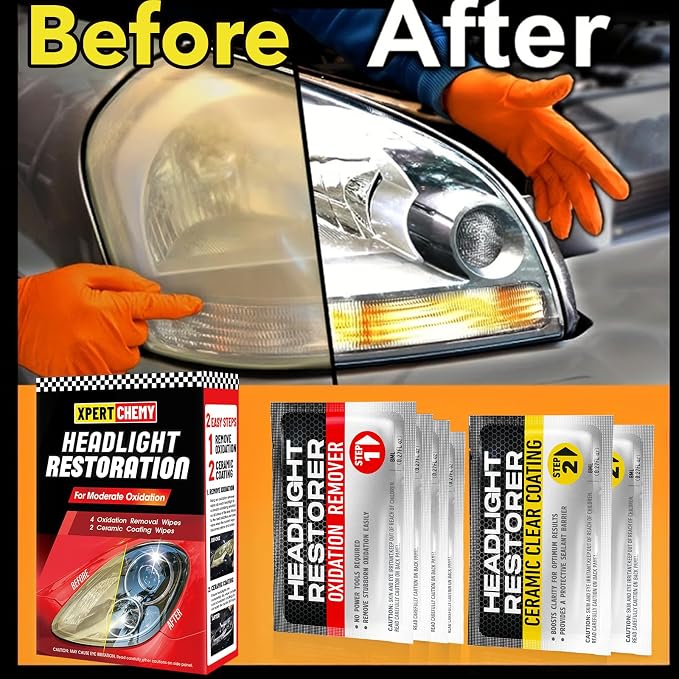 XPERTCHEMY Headlight Restoration kit, 2-Step Headlight Cleaner & Protective Coating Wipes, Removing The Moderate Yellowing, Haziness and Oxidation, Provides with the Best Protection 18 Months