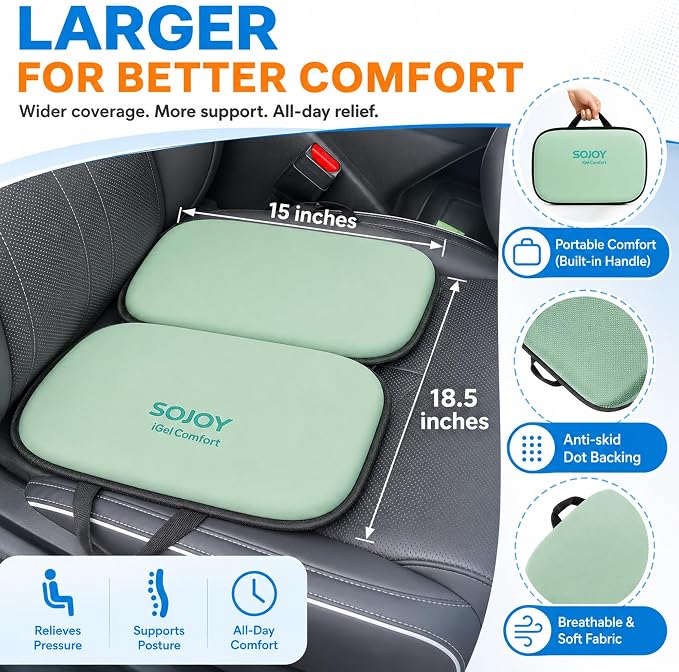 Sojoy 3-in-1 Foldable Gel Seat Cushion with Memory Foam Ergonomic Portable Cushion for Back Pain & Tailbone Relief - Perfect for Office Chair, Airplane Travel & Stadium Seats (18.5" x 15" x 2" Green)