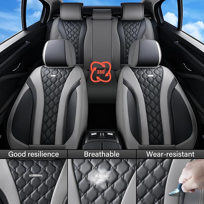 Coverado Car Seat Covers, Seat Covers Full Set, Gray and Black Car Seat Cover, Perforated Diamond Leather Seat Covers for Cars, Luxury Car Seat Cushion, Auto Seat Covers Universal Fit Most Cars