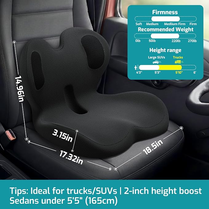 Trucker Seat Cushion, Thick Car Seat Cushions with Lumbar Support Pillow, Ergonomic L-Shaped Orthopedic Memory Foam for Long Driving Lower Back Pain Sciatica Relief, Gift for Drivers (Black+ Gray)