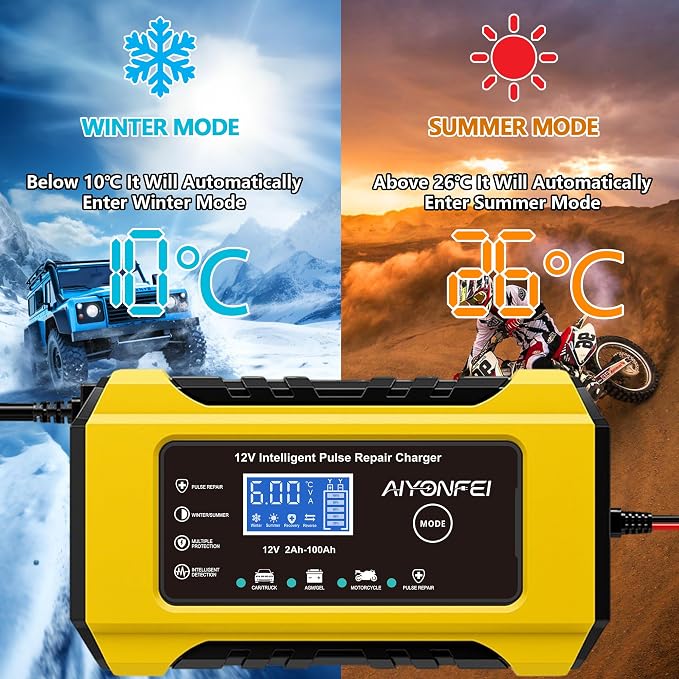 6A 12V Car Battery Charger Maintainer Trickle Charger, Yellow | Smart Battery Desulfator, Temperature Compensation, for Car Truck Motorcycle, Lawn Mower Marine