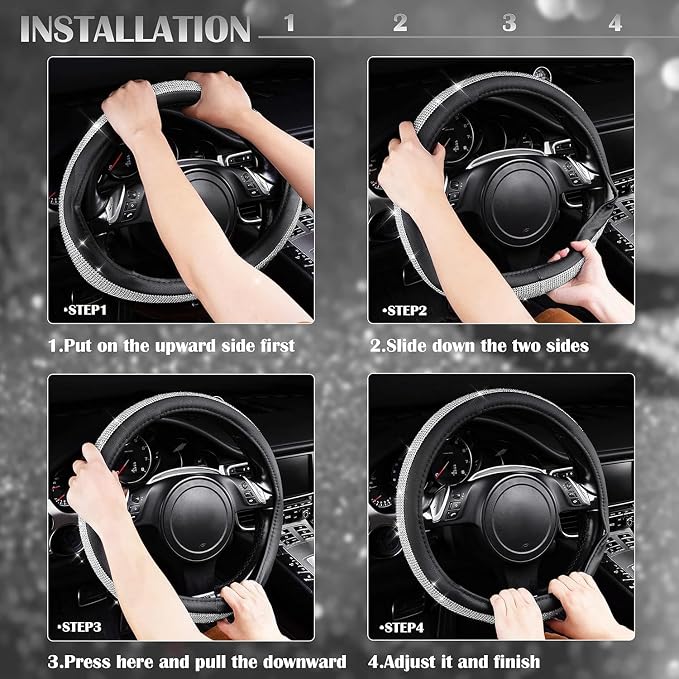 CAR PASS Bling Diamond Leather Steering Wheel Cover, with Bling Sparkly Crystal Glitter Rhinestones Universal Fit 14.5in-15in Car Wheel Protector for Women Girl Fit Suvs,Vans,Sedans,Car,Trucks, Silver