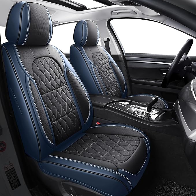 Aierxuan 2Pcs Leather Front Car Seat Covers Full Coverage, Black-Blue | Waterproof Universal Fit Jeep Liberty Renegade Compass Buick Encore Envision Ford Ecosport Ranger Maverick Cadillac