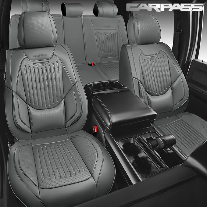 CAR PASS Luxury Nappa Leather Car Seat Covers Full Set, Lumbar Support Seat Covers for Car 5 Seats, Waterproof Car Seat Protector, Automotive Seat Covers Universal Fit for Most Sedans SUV Trucks Gray