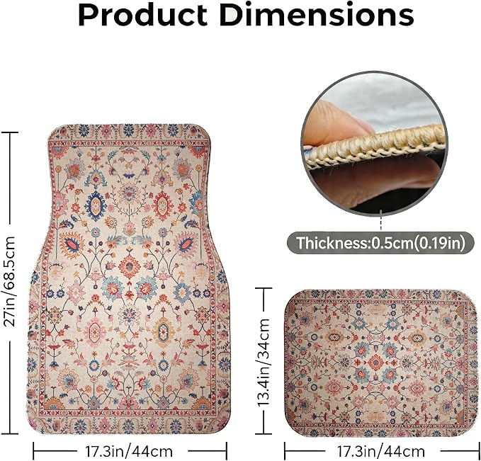 Vintage Car Floor Mats-Non-Slip Rubber Backing,Front (26.8x17.3in) & Rear (13x17.3in) Set-Water Absorbing, Durable Automotive Floor Liners with Stylish Patterns