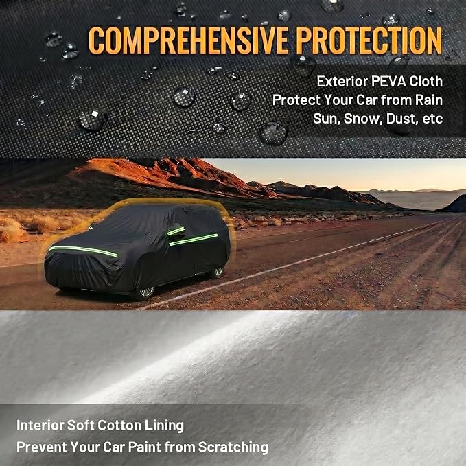 Favoto Car Cover Waterproof All Weather Windproof for SUV 188-198 Inches | UV Protection, Soft Cotton Lining, Driver Door Zipper, Reflective Strips and Storage Bag Included with Vehicle Fitment Black
