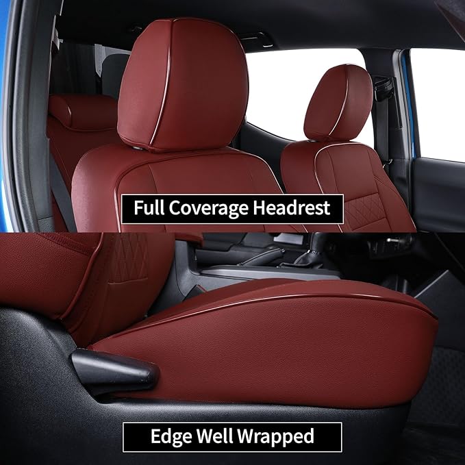 EKR Custom Fit Tacoma Leather Car Seat Covers for Toyota Tacoma 2012 2013 2014 2015 (TRD Sport Seats)- Full Set,Faux Leather(Burgundy)