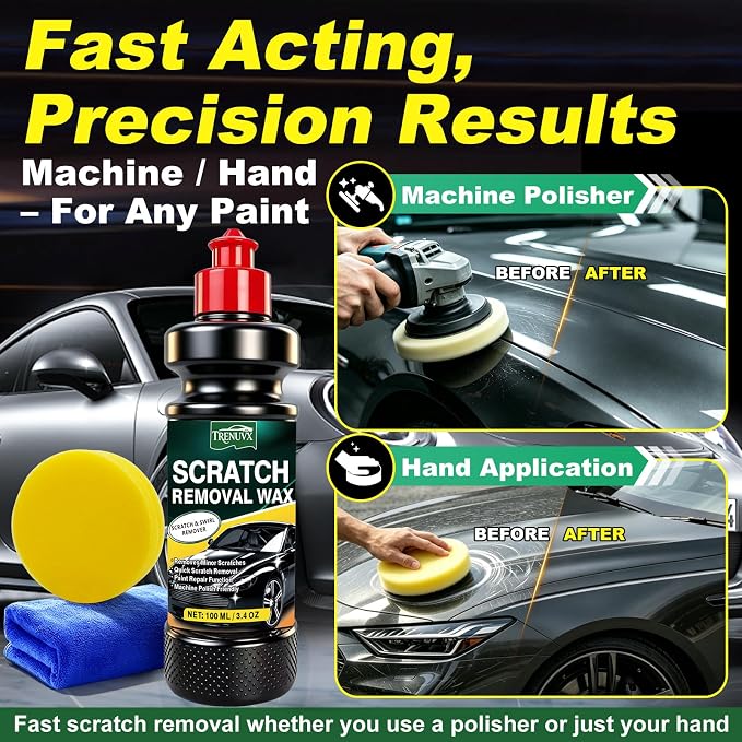 Car Scratch Remover for Vehicles, Car Scratch Repair Kit with Scratch Removal Wax, Rubbing Compound & Polishing Pad, Removes Light Scratches and Swirl Marks, Restores Car Paint Finish, 3.4oz/100ml