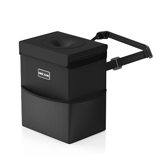 Beicarin Car Trash Can with Lid - Trash Bag Hanging with Storage Pockets Leak-Proof Collapsible and Portable Waterproof Garbage Bin, 2.05 Gallons Multipurpose Trash Bin for Car