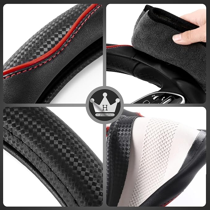 HighnessHwoo 3D Car Steering Wheel Cover Comfort Grip Massage Sporty Anti-Slip Carbon Fiber Faux Leather for F150, Trucks, Jeep, Van, Car Handle Covers for All Seasons, 15.2-16in, Red